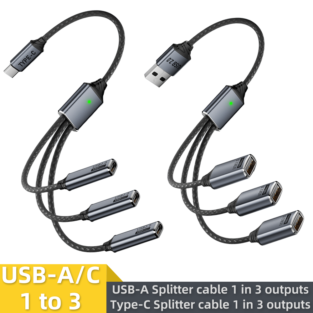 Gaming Keyboard Type C - USB Splitter Cable 1-in-3 Output USB-A/Type-C